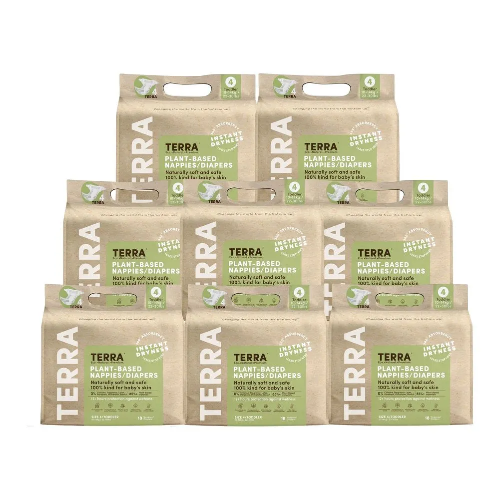 Terra 8-Pack Natural Plant-Based Eco-Friendly Diapers - 144 diapers, 18 count per pack (Size 4, Toddler)