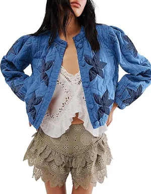 utcoco Women's Cropped Puffer Jacket Lightweight Floral Embroidery Button Down Padded Quilted Puffy Coat