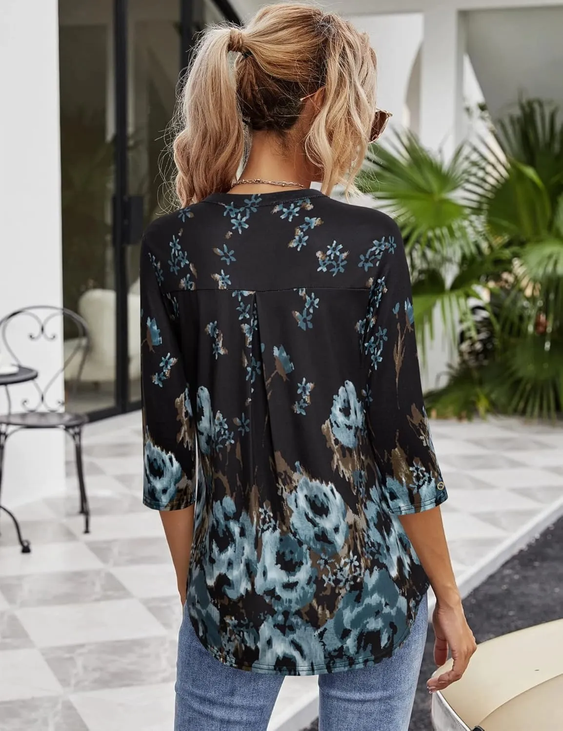 VALOLIA Womens Tops 3/4 Sleeve Shirts V Neck Blouses Dressy Casual Tunic Tops M-XXL
