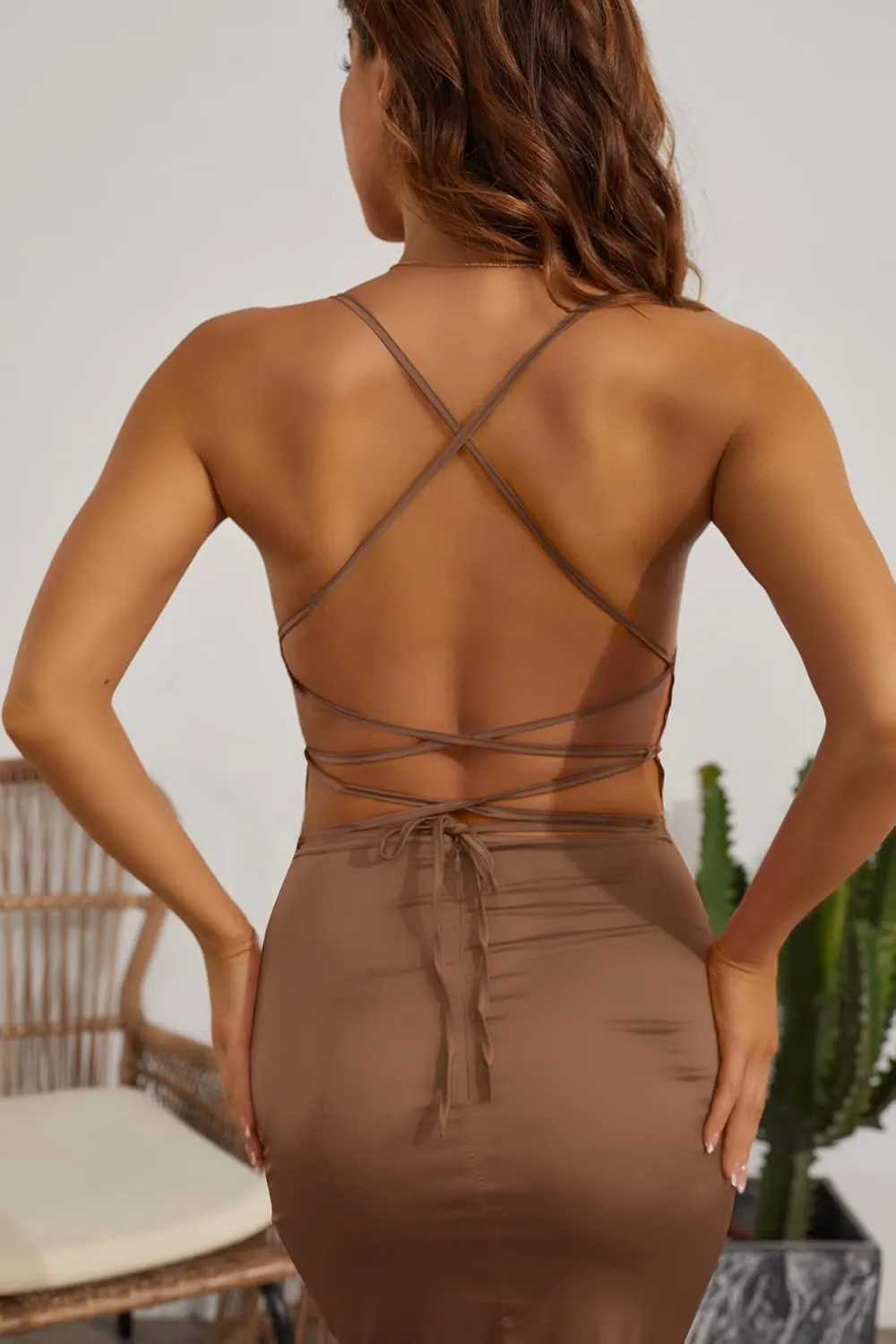 Velius Women's Sexy Spaghetti Strap Backless Lace up Bodycon Party Dress