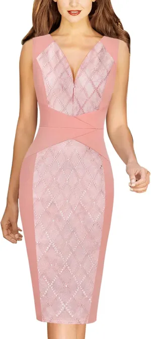 VFSHOW Womens Elegant V Neck Front Zipper Up Slim Fitted Work Business Office Bodycon Pencil Sheath Dress