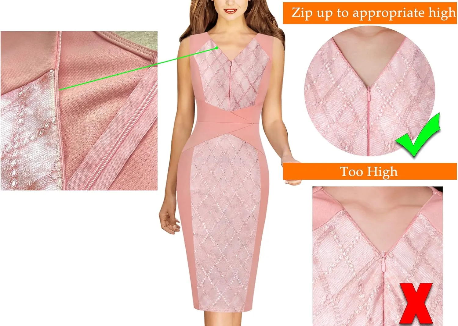 VFSHOW Womens Elegant V Neck Front Zipper Up Slim Fitted Work Business Office Bodycon Pencil Sheath Dress