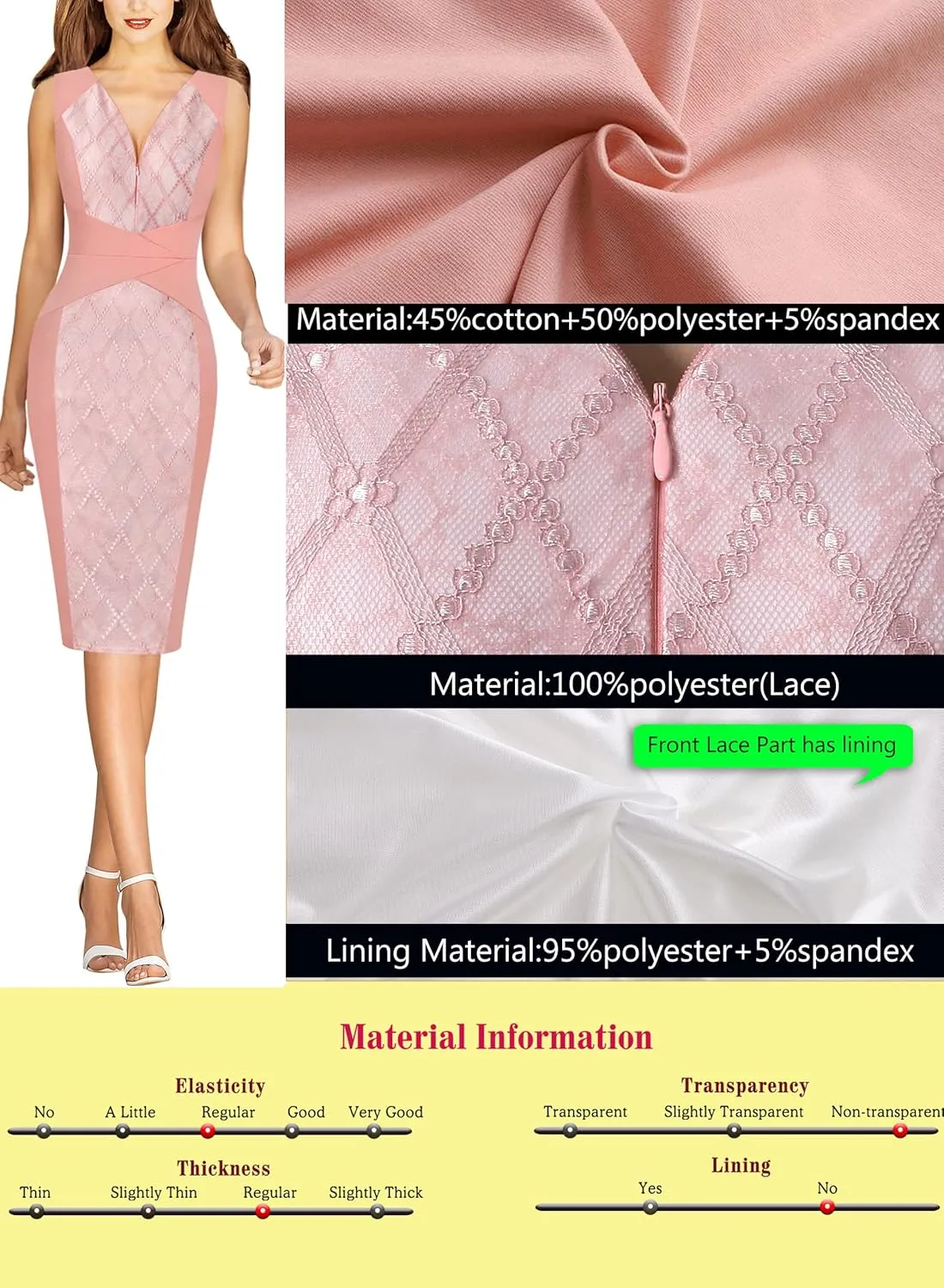 VFSHOW Womens Elegant V Neck Front Zipper Up Slim Fitted Work Business Office Bodycon Pencil Sheath Dress