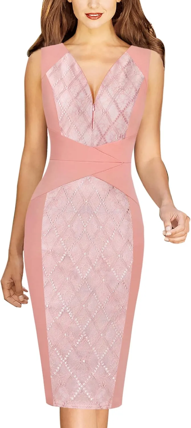 VFSHOW Womens Elegant V Neck Front Zipper Up Slim Fitted Work Business Office Bodycon Pencil Sheath Dress