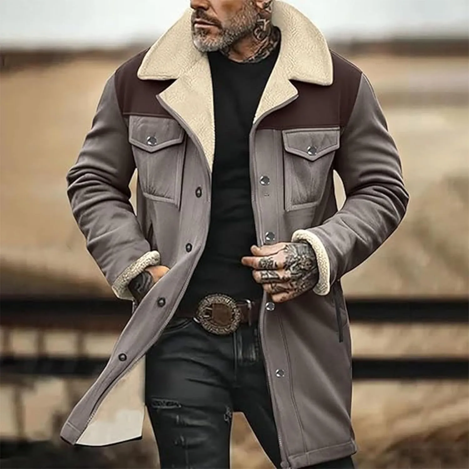 Vintage Suede Pocket Plush Reversed Collar Mens Winter Warm Outdoor Jacket Western Jackets For Men Suede Jacket