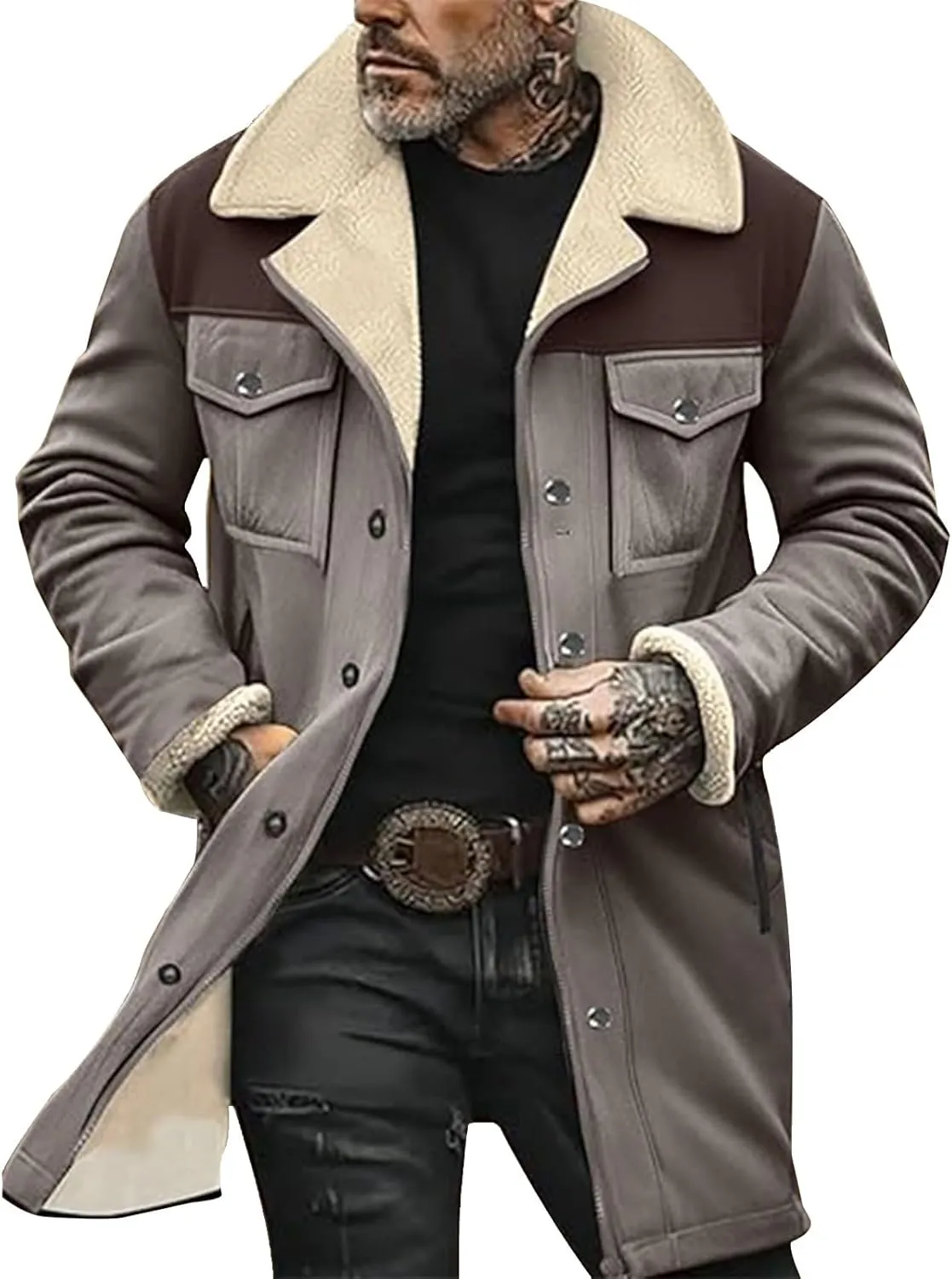 Vintage Suede Pocket Plush Reversed Collar Mens Winter Warm Outdoor Jacket Western Jackets For Men Suede Jacket