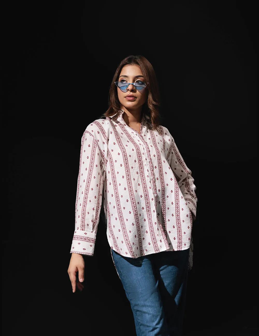 White Ethnic Printed Casual Shirt