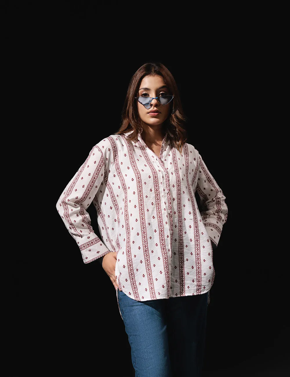 White Ethnic Printed Casual Shirt