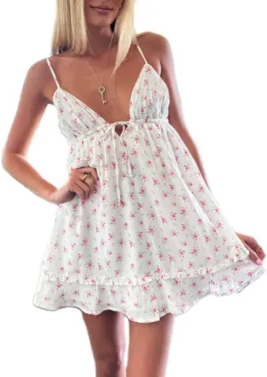 Women Boho Floral Mini Dress Spaghetti Strap Tiered Flowy Cami Dress Graphic Ruffle Summer Holiday Sundress