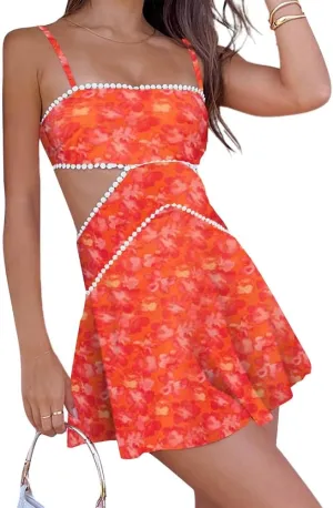 Women Boho Floral Mini Dress Spaghetti Strap Tiered Flowy Cami Dress Graphic Ruffle Summer Holiday Sundress