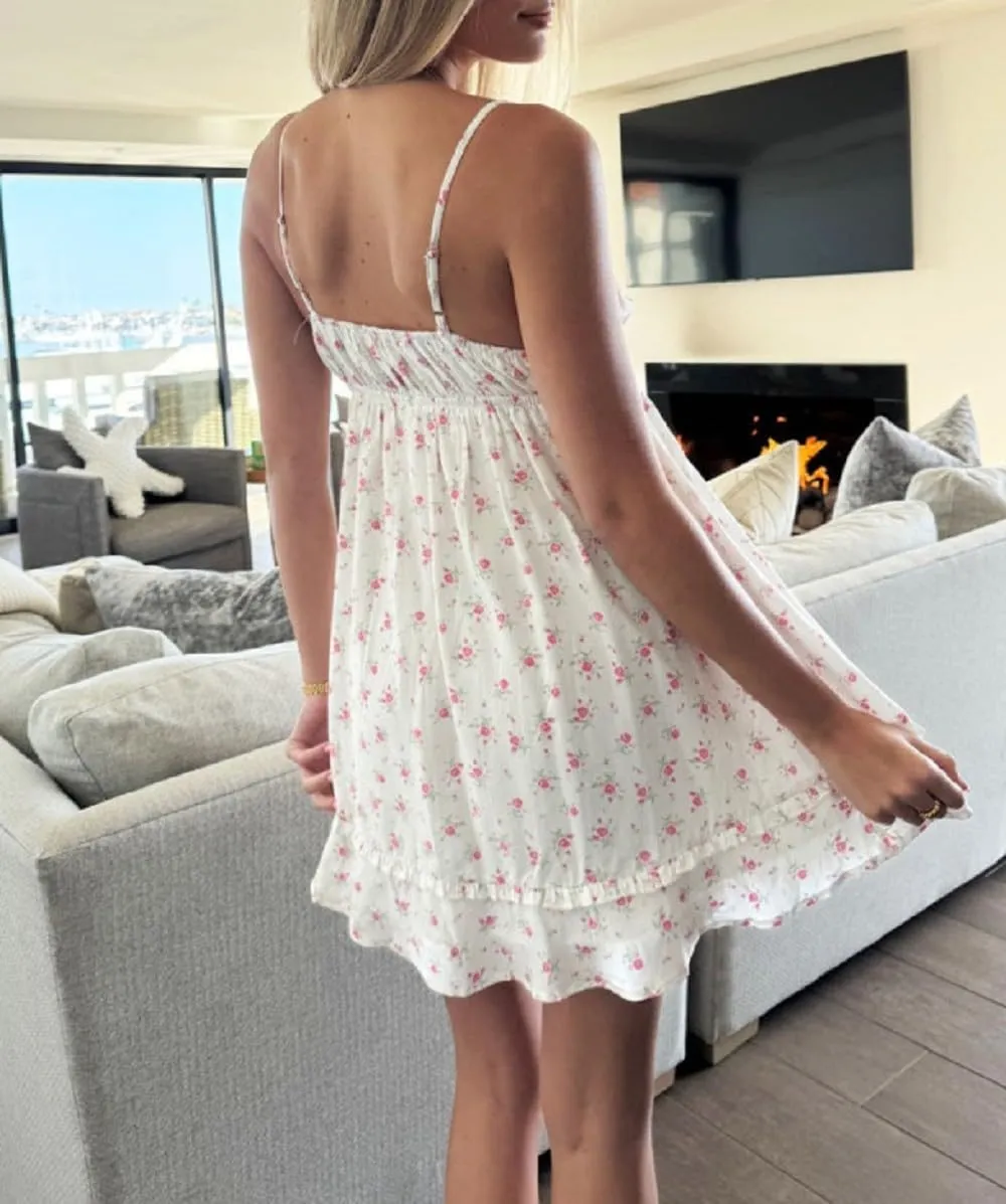 Women Boho Floral Mini Dress Spaghetti Strap Tiered Flowy Cami Dress Graphic Ruffle Summer Holiday Sundress