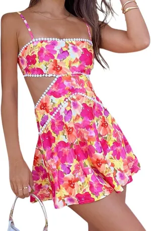 Women Boho Floral Mini Dress Spaghetti Strap Tiered Flowy Cami Dress Graphic Ruffle Summer Holiday Sundress