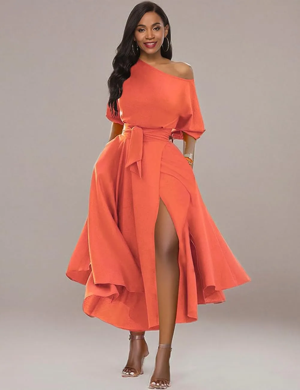 Womens Elegant Off Shoulder Short Sleeve Belted Side Slit Cocktail Party Swing Dress with Pockets