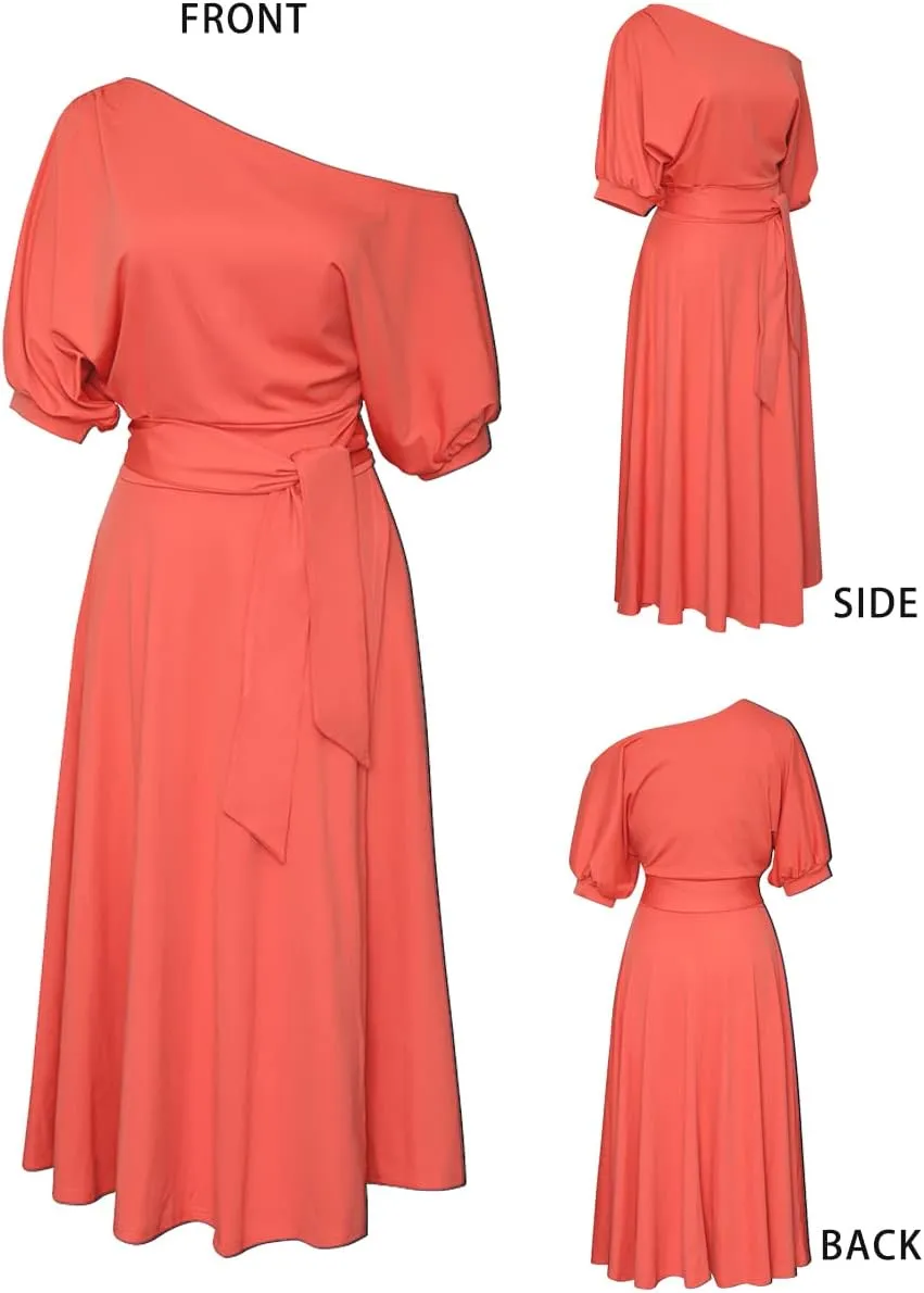 Womens Elegant Off Shoulder Short Sleeve Belted Side Slit Cocktail Party Swing Dress with Pockets