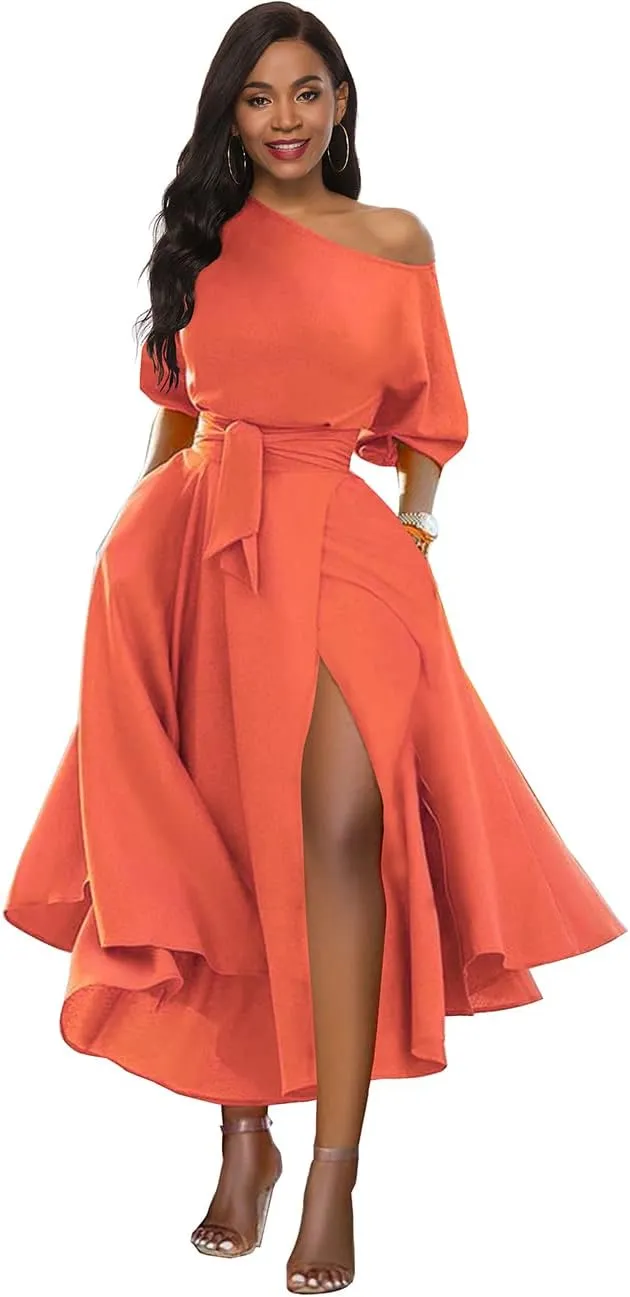 Womens Elegant Off Shoulder Short Sleeve Belted Side Slit Cocktail Party Swing Dress with Pockets