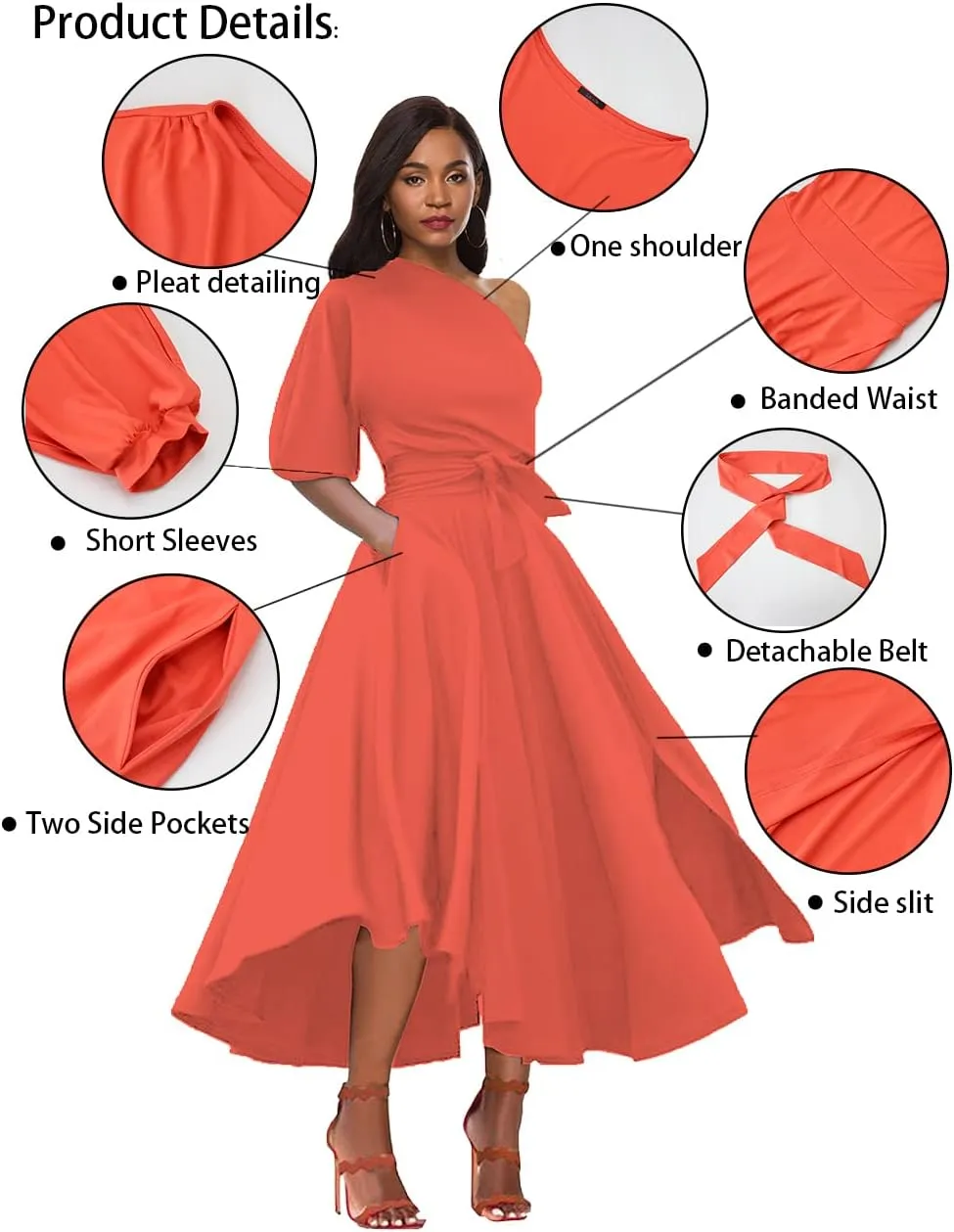 Womens Elegant Off Shoulder Short Sleeve Belted Side Slit Cocktail Party Swing Dress with Pockets