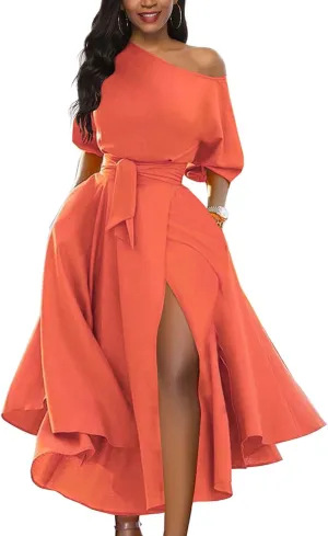 Womens Elegant Off Shoulder Short Sleeve Belted Side Slit Cocktail Party Swing Dress with Pockets