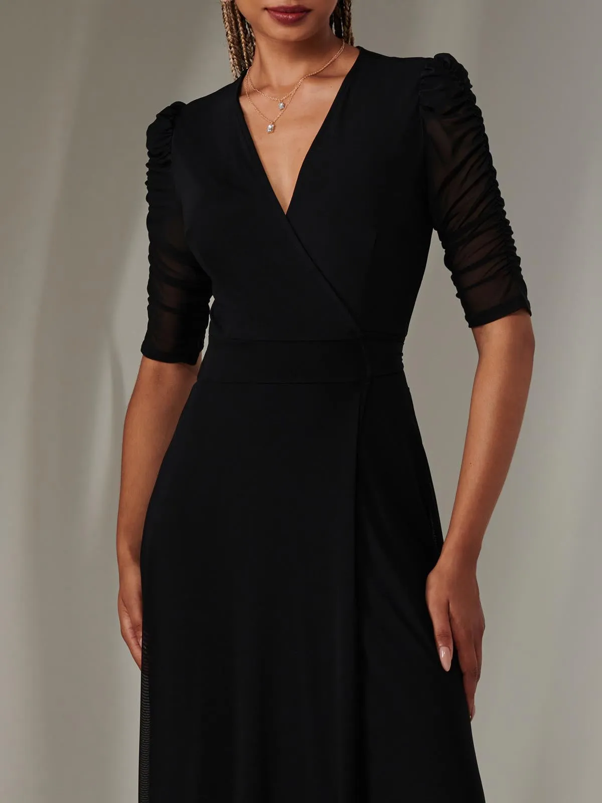 Zeena Plain Wrap Mesh Maxi Dress, Black