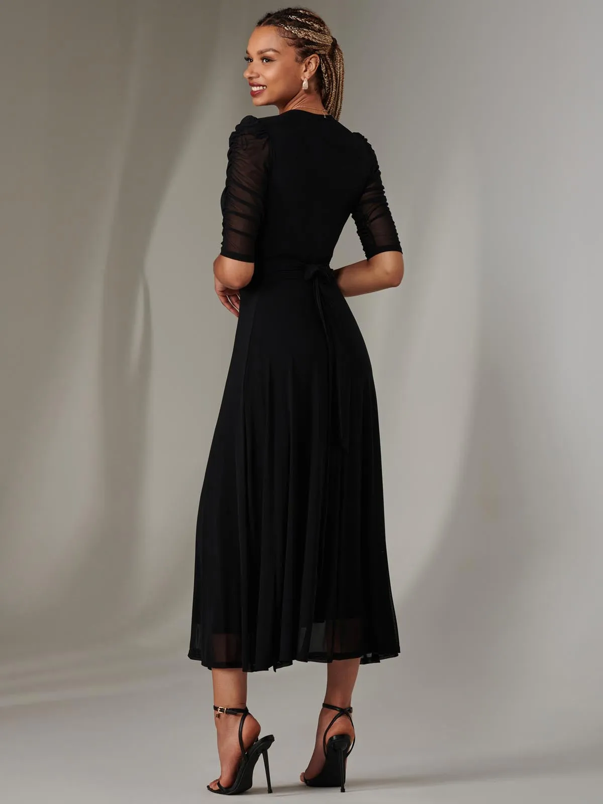 Zeena Plain Wrap Mesh Maxi Dress, Black